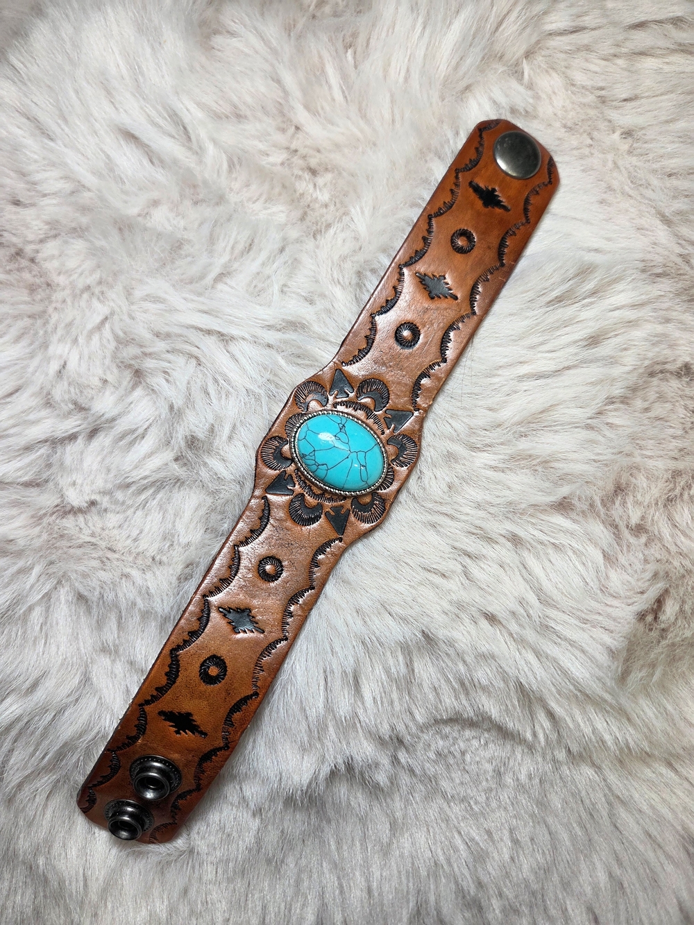 Brown Tooled Leather Bracelet with Turquoise Cabochon